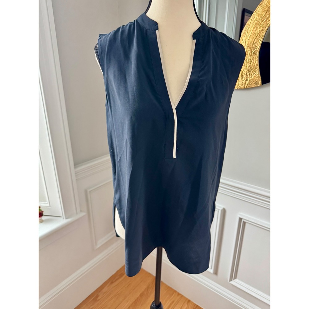 Vince Silk Contrast Trim Popover‎ Blouse Split Neck Longer Back sz 4